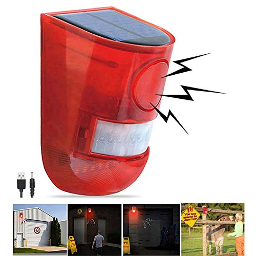 Solar Sound & Light Alarm Motion Sensor 110 Decibels Siren Sound Alert & 6LEDs Flash Warning Strobe Security Alarm System for Farm Villa(1 Pack)
