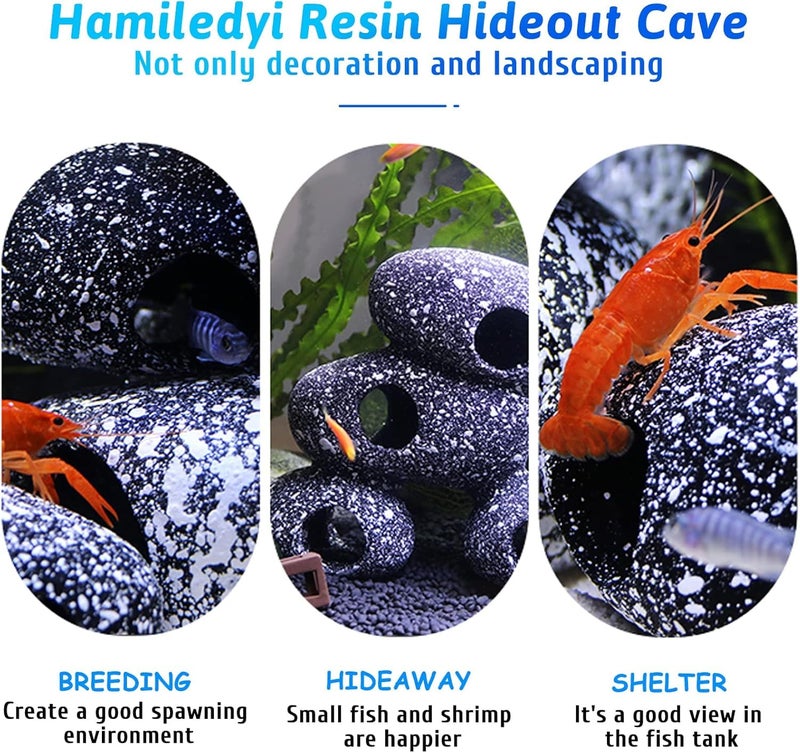 Mistletoe Cichlid Rock Cave Betta Hideout Resin Aquarium Decoration Caves Small Fish Shelter Stone Hideaway Resin Fish Tank Accessories Ornaments for Crayfish Aquatic Breed Rest Play (Black) - Image 4