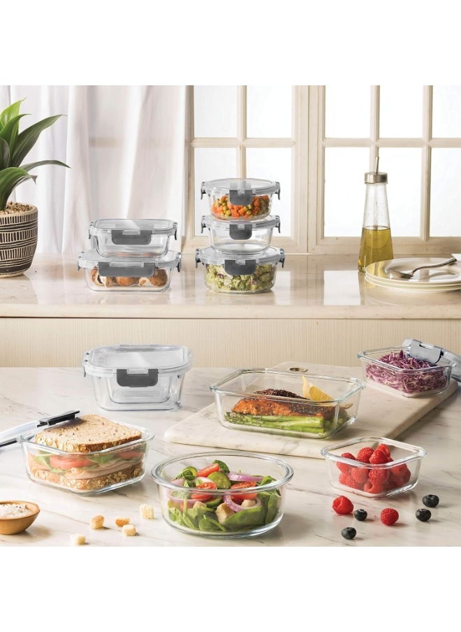 TYCOM Glass Meal Prep Containers 12 pcs Mixed Glass Food Storage Containers with Lids Glass Lunch Box Portion Control Airtight Glass Bento Box Lunch Containers 12 Pieces Grey.  - Image 2