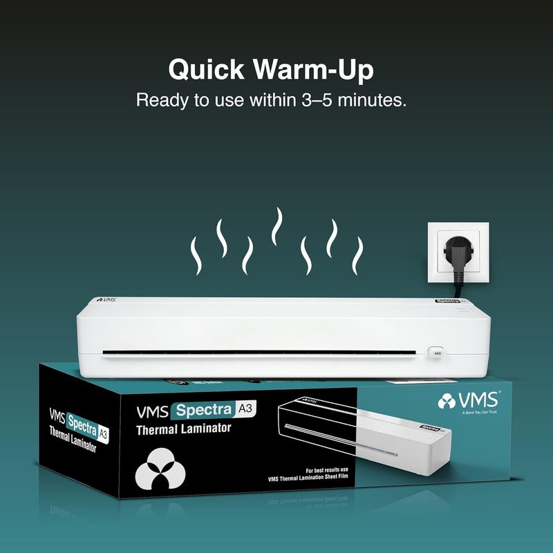 VMS آلة الترقق المتكاملة الساخنة Spectra A3 | عرض إدخال ورق 330 مم | تسخين سريع 3-5 دقائق | نظام مضاد للاحتجاز | مثالية للاستخدام في المكتب/المنزل (صور، بطاقات هوية، مستندات) | ضمان خارجي لمدة سنة واحدة - Image 3