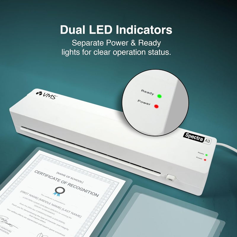 VMS آلة الترقق المتكاملة الساخنة Spectra A3 | عرض إدخال ورق 330 مم | تسخين سريع 3-5 دقائق | نظام مضاد للاحتجاز | مثالية للاستخدام في المكتب/المنزل (صور، بطاقات هوية، مستندات) | ضمان خارجي لمدة سنة واحدة - Image 2