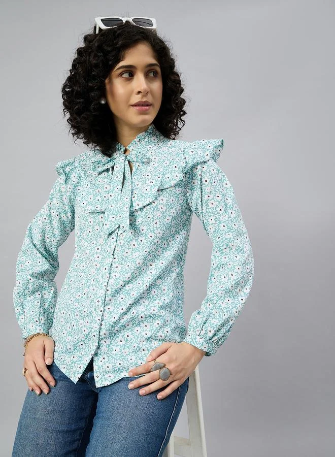 Kuwarii Floral Ruffle Tie-Up Neck Blouse