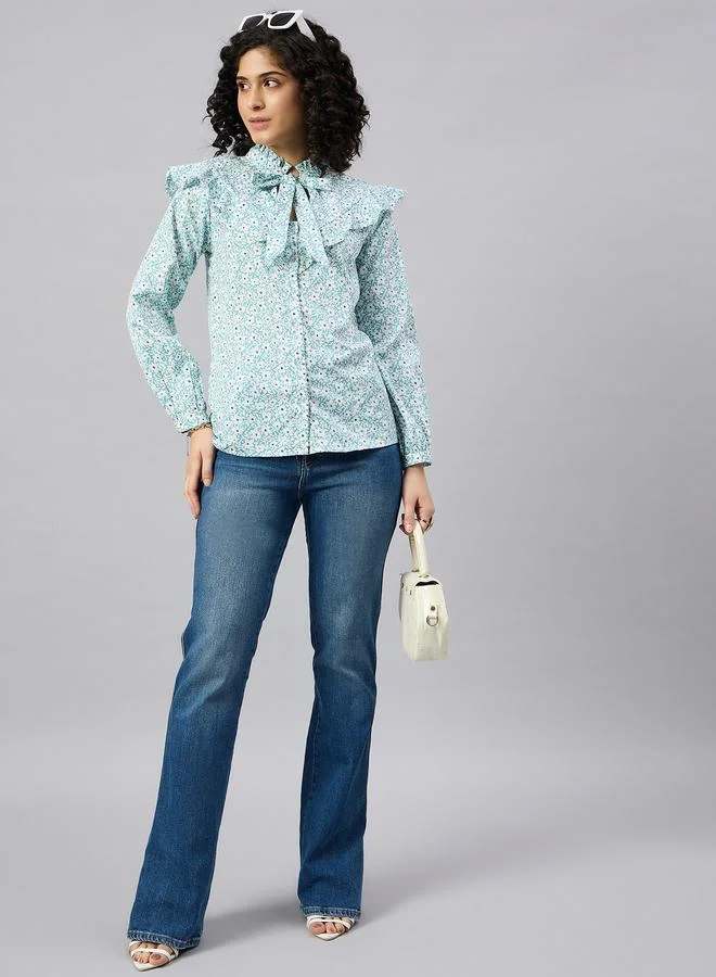 Kuwarii Floral Ruffle Tie-Up Neck Blouse