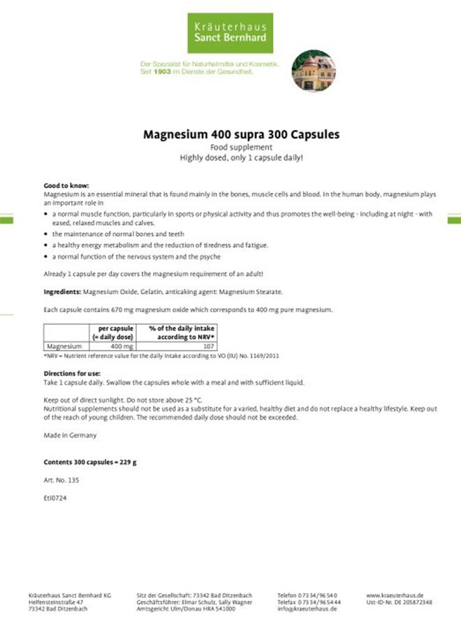 Sanct Bernhard Magnesium 400 supra Capsules 300 Capsules - Image 4