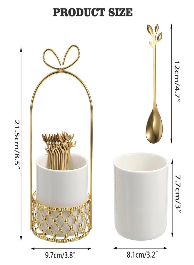 ELLDOO Coffee Spoon Set, White Ceramic Holder with 8 Stainless Steel Gold Leaf Coffee Spoons, Creative Flatware Set for Stirring, Mixing, Sugar, Ice Cream, Cake (8 x Spoons) - Image 2