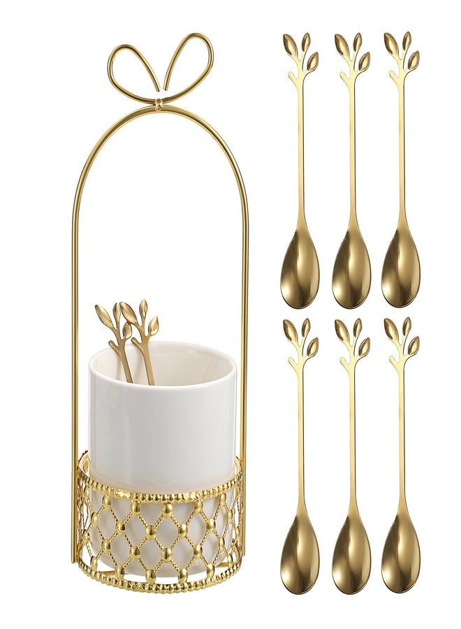ELLDOO Coffee Spoon Set, White Ceramic Holder with 8 Stainless Steel Gold Leaf Coffee Spoons, Creative Flatware Set for Stirring, Mixing, Sugar, Ice Cream, Cake (8 x Spoons) - Image 1