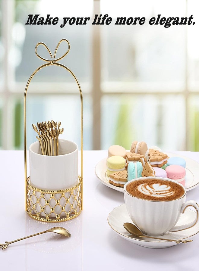 ELLDOO Coffee Spoon Set, White Ceramic Holder with 8 Stainless Steel Gold Leaf Coffee Spoons, Creative Flatware Set for Stirring, Mixing, Sugar, Ice Cream, Cake (8 x Spoons) - Image 3