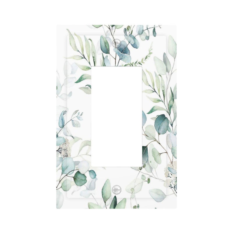 Boho Green White Eucalyptus Leaf 1 Gang Rocker Light Switch Plate Rustic Country Leaves Single Decora Outlet Wall Plate Cover Faceplate Decorative Switchcovers GFCI for Farmhouse Bedroom Decor