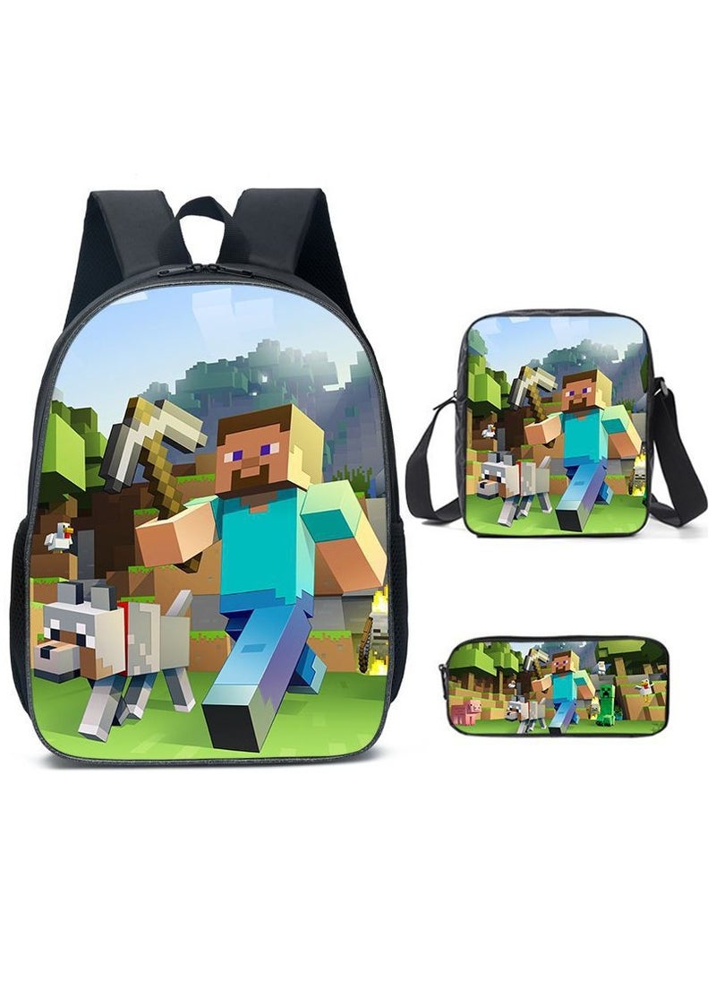 MINECRAFT Digital Printing Large Capacity Backpack Three piece Set Lunch Bag Pen Bag Polyester Comfortable Load Reducing Backpack for Students and Children Unisex  - Image 1