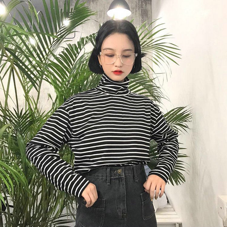 Korean-style Loose Long-sleeved Women's T-shirt All-match Classic High Collar Long-sleeved Striped T-shirt Slimming Base Shirt Neck Protection - Image 3