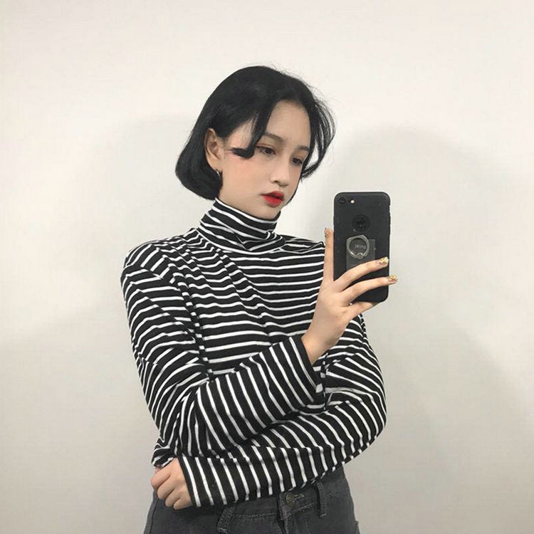 Korean-style Loose Long-sleeved Women's T-shirt All-match Classic High Collar Long-sleeved Striped T-shirt Slimming Base Shirt Neck Protection - Image 2