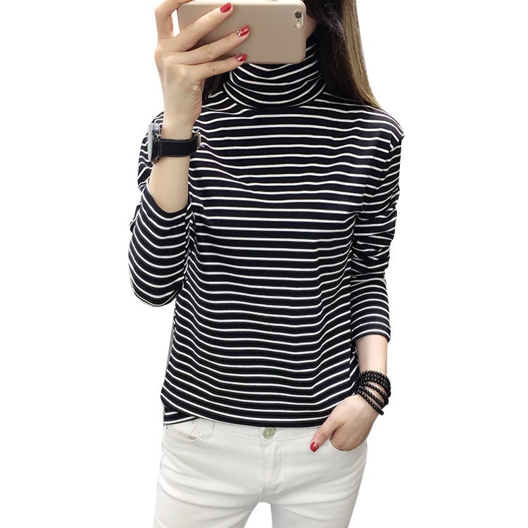 Korean-style Loose Long-sleeved Women's T-shirt All-match Classic High Collar Long-sleeved Striped T-shirt Slimming Base Shirt Neck Protection - Image 5