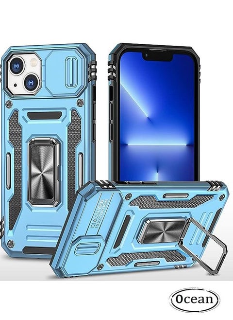 iPhone 15 Case, Slide Camera Cover, Built-in 360° Rotate Ring Kickstand, Military Grade Shockproof Test, Heavy Duty Shockproof Protective Case for iPhone 15 6.1 Inch (Sky Blue)