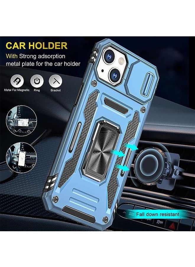 iPhone 15 Case, Slide Camera Cover, Built-in 360° Rotate Ring Kickstand, Military Grade Shockproof Test, Heavy Duty Shockproof Protective Case for iPhone 15 6.1 Inch (Sky Blue)