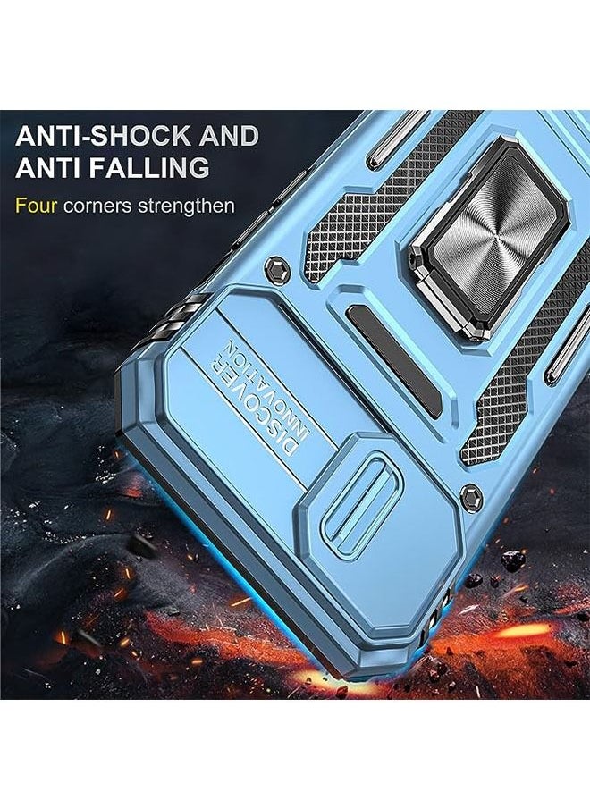 iPhone 15 Case, Slide Camera Cover, Built-in 360° Rotate Ring Kickstand, Military Grade Shockproof Test, Heavy Duty Shockproof Protective Case for iPhone 15 6.1 Inch (Sky Blue)