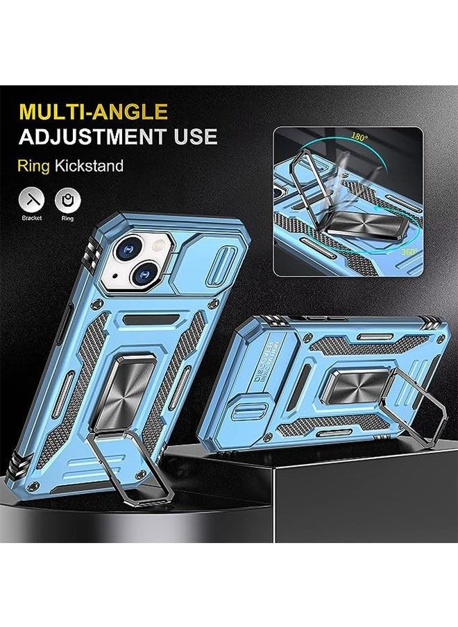 iPhone 15 Case, Slide Camera Cover, Built-in 360° Rotate Ring Kickstand, Military Grade Shockproof Test, Heavy Duty Shockproof Protective Case for iPhone 15 6.1 Inch (Sky Blue)