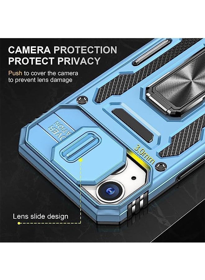 iPhone 15 Case, Slide Camera Cover, Built-in 360° Rotate Ring Kickstand, Military Grade Shockproof Test, Heavy Duty Shockproof Protective Case for iPhone 15 6.1 Inch (Sky Blue)