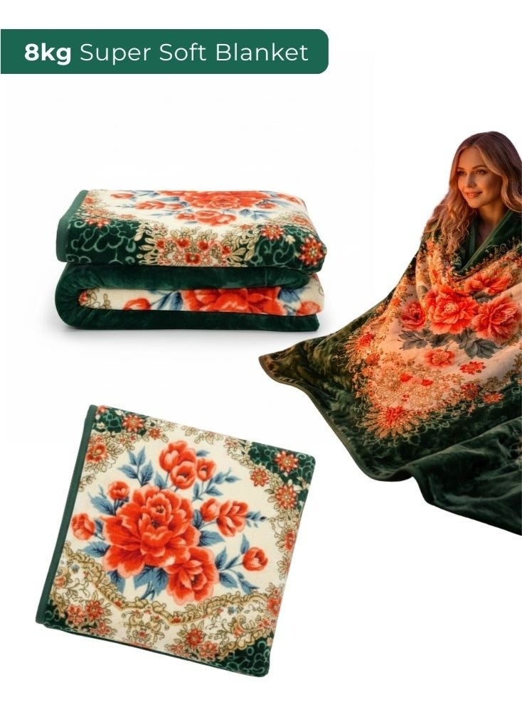 Premium Luxury 8KG Super Soft Green Floral Blanket Size 240 Cm By 220 Cm Double-Layer  – Thick Cozy Plush Bed Blanket with Elegant Rose Pattern Made Of High-Quality Material - Image 1