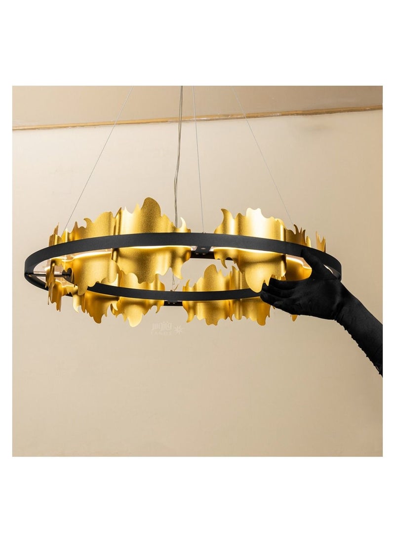 UCANDLE Modern golden chandelier from Yokandl, modern ceiling lighting with multiple degrees of illumination, golden metal sheets with a black circular frame, three degrees of lighting, suitable for large cou  - Image 3