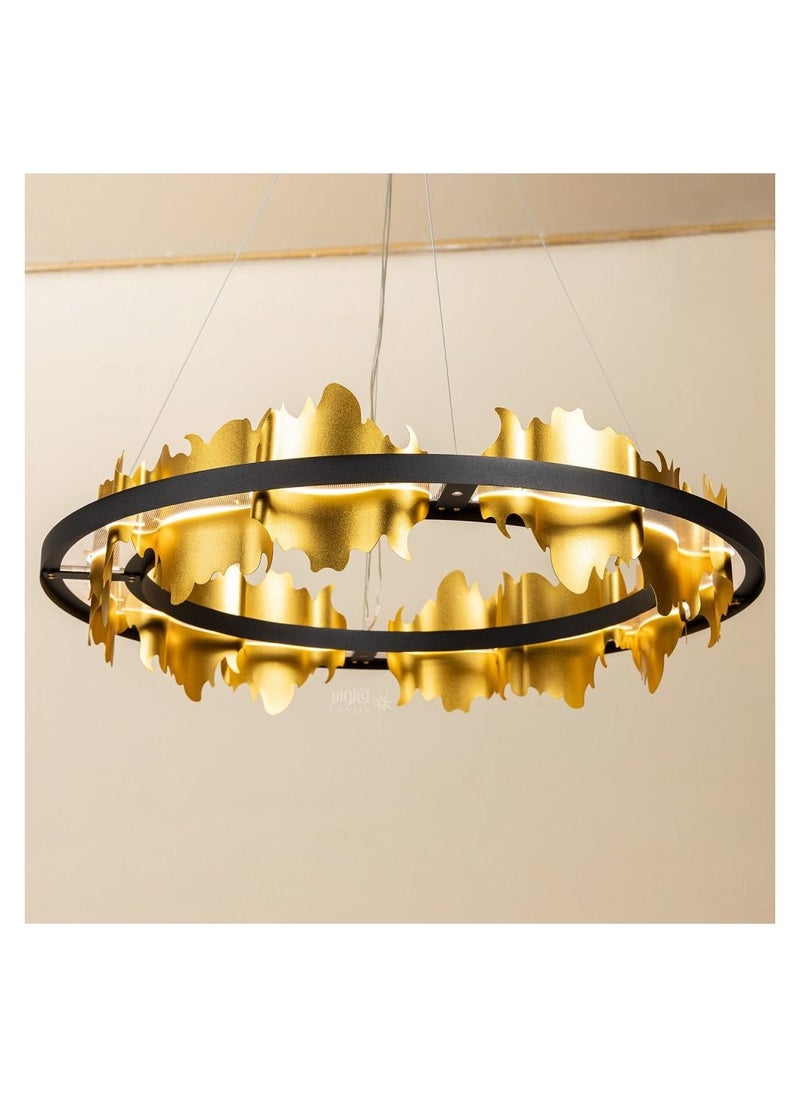 UCANDLE Modern golden chandelier from Yokandl, modern ceiling lighting with multiple degrees of illumination, golden metal sheets with a black circular frame, three degrees of lighting, suitable for large cou  - Image 2