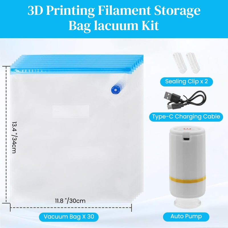 Serplex ® 3D Printer Filament Vacuum Storage Bags & Electric Air Pump with 10 Filament Vacuum Storage Bags,2 Sliding Sealing Clips Moisture Protection for 1Kg,300x340mm - Image 2