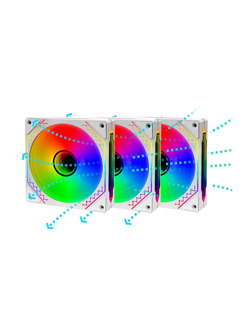 Barakah عبوة 3 مروحة 120 مم بتدفق هواء عكسي 5V 3Pin ARGB قابلة للتوجيه مع مرايا لانهائية، مروحة CPU، مروحة تبريد علبة، مع تحكم 4Pin PWM 800-1600RPM مناسبة لتبريد المياه في الكمبيوتر ومبرد CPU، أبيض - Image 1