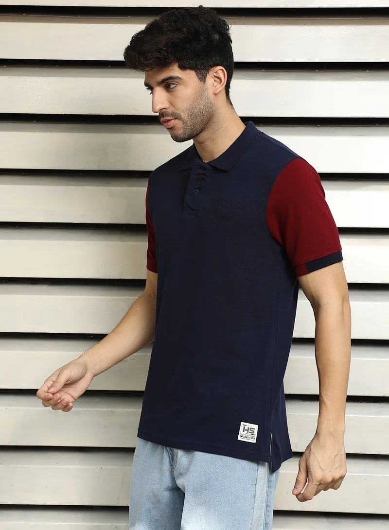 HIGH STAR Men's Navy Polo Collar Colorblocked Cotton T-shirt