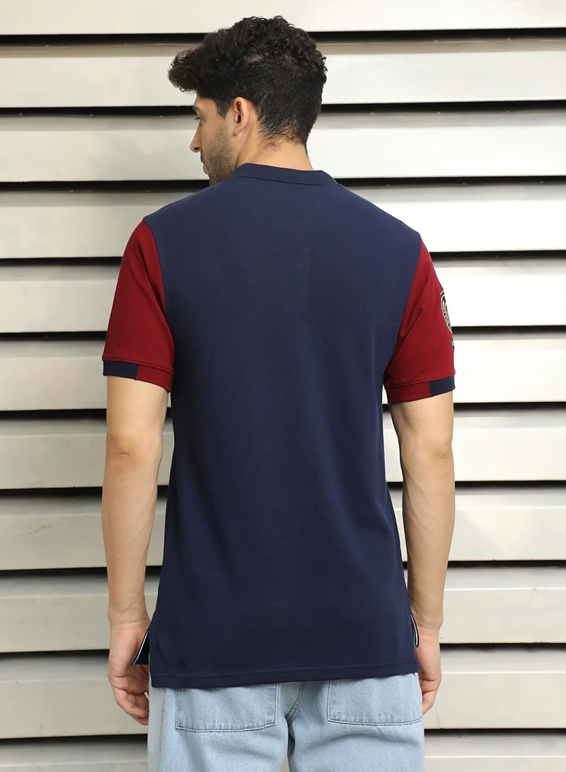HIGH STAR Men's Navy Polo Collar Colorblocked Cotton T-shirt