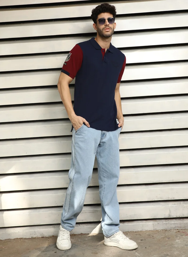 HIGH STAR Men's Navy Polo Collar Colorblocked Cotton T-shirt