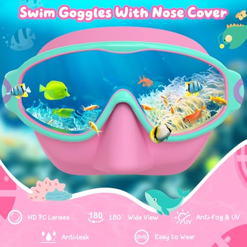 VegoVia Kids Swim Goggles with Nose Cover 2 Pack, Anti-Fog UV Protection Swimming Goggles for Kids Youth 3-15,Adjustable Strap,Wide View - Image 4