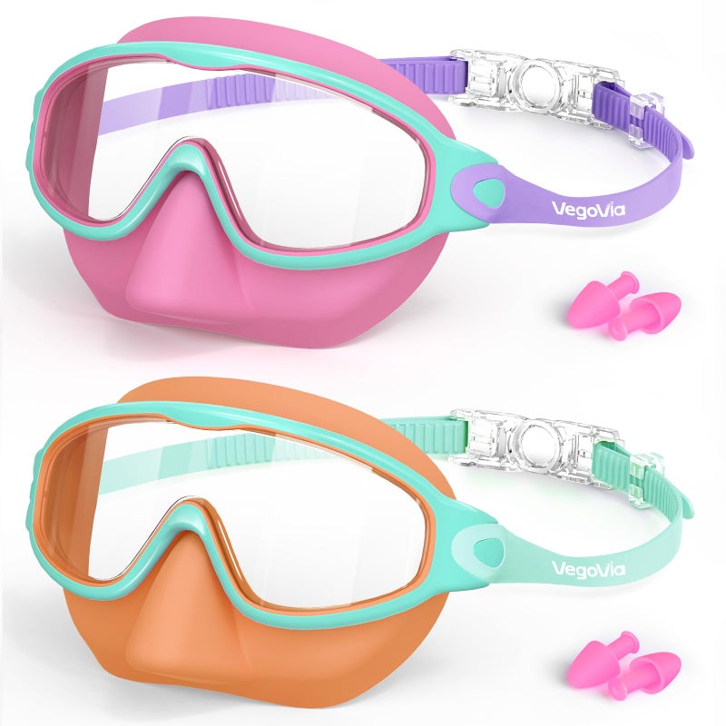 VegoVia Kids Swim Goggles with Nose Cover 2 Pack, Anti-Fog UV Protection Swimming Goggles for Kids Youth 3-15,Adjustable Strap,Wide View - Image 2