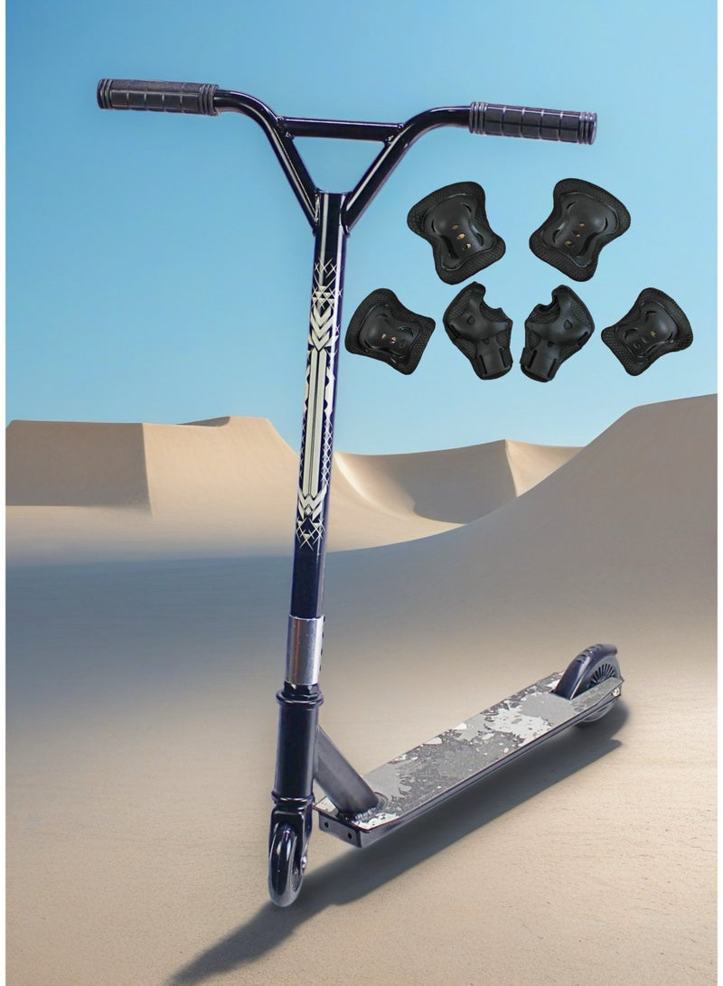 إيزي فيتشور سكوتر EASY FUTURE الاحترافي للحركات البهلوانية، مزود بشريط لاصق مانع للانزلاق وسطح من الألومنيوم - عجلتان، عجلات ألومنيوم 110 مم، مقود عريض على شكل حرف T، فرامل فولاذية، خفيف الوزن، مناسب للمبتدئين والمتوسطين، مع مجموعة معدات واقية. - Image 5