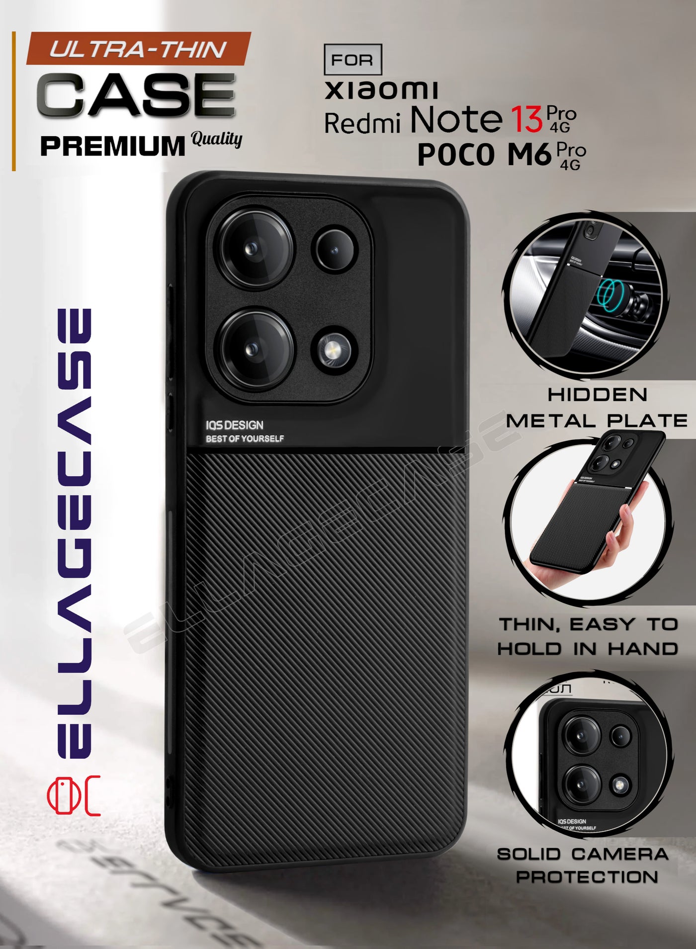 ELLAGECASE Premium Ultra-Thin Case for Xiaomi Redmi Note 13 Pro 4G / Xiaomi Poco M6 Pro 4G, Hidden Metal Plate, Slim Design, Easy to Hold, and Enhanced Camera Protection