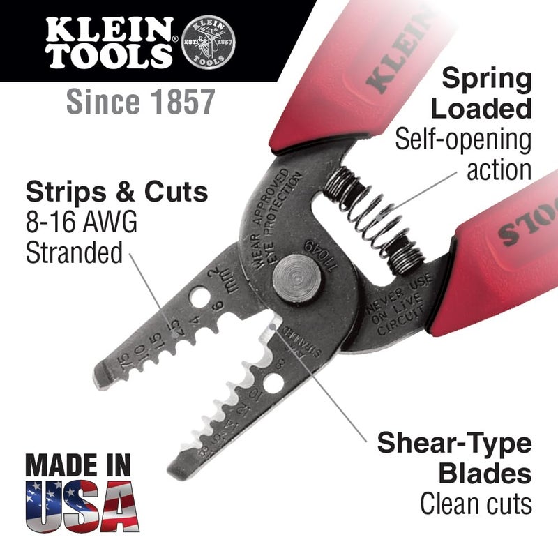 Klein Tools 11049 Wire Stripper / Cutter, Made in USA, Compact, Lightweight, Hardened Steel, Precision Ground, for Stranded Wires - Image 2