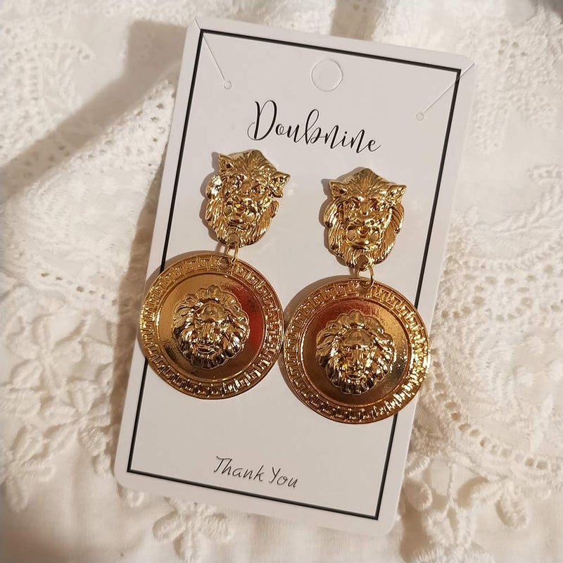 Doubnine أقراط رأس الأسد الكبيرة من دوبناين، عملة ذهبية، دائرة متدلية، أقراط باروكية حيوانية، إكسسوارات نسائية عتيقة من الثمانينات، هدية - Image 3