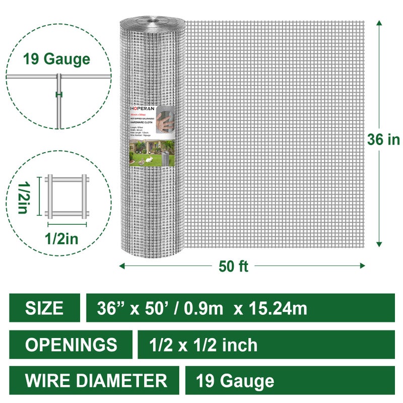 HOPERAN Hardware Cloth 1/2 Inch 36 x 50 ft - 19 Gauge Chicken Wire Fencing Mesh, Hot Dipped Galvanized After Welding, Wire Fence Rolls for Garden Fencing, Gopher Wire Rabbit Wire Poultry Netting - Image 2