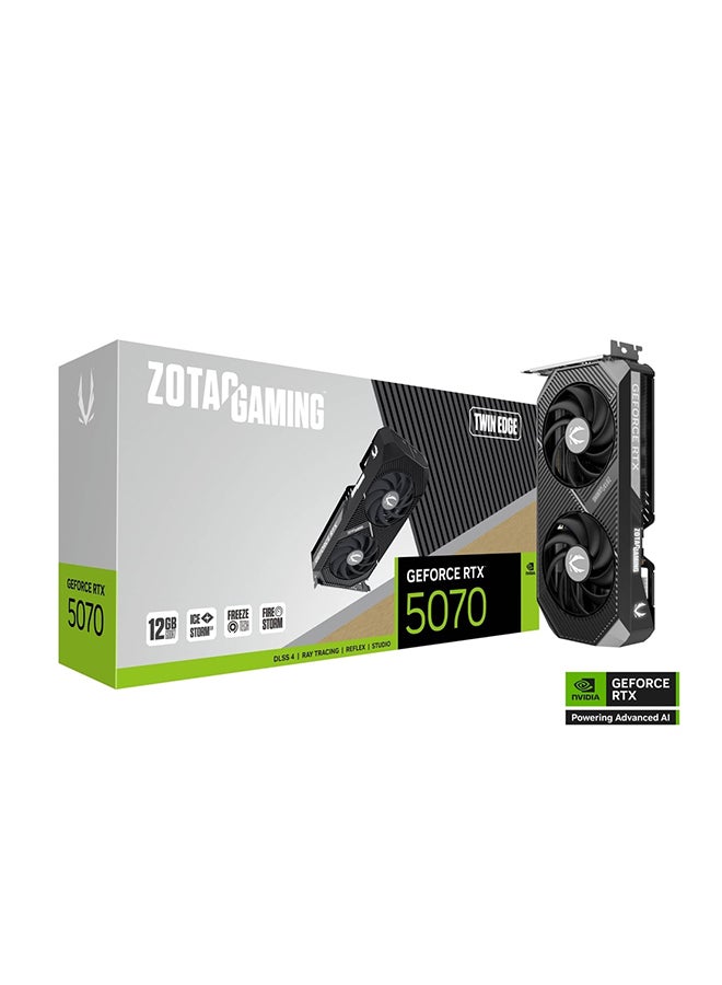 GAMING GeForce RTX 5070 Twin Edge Graphics Card, 12GB GDDR7, 192-Bit, PCIe 5.0, Dual Fan IceStorm 2.0 Cooling, 3x DisplayPort 2.1, 1x HDMI 2.1, 2512MHz Boost Clock, 6144 CUDA Cores, DLSS 4, Ray Tracing, 250W TDP, Metal Backplate, 12V-2x6 Power, Compact Dual-Slot Design | ZT-B50700E-10P