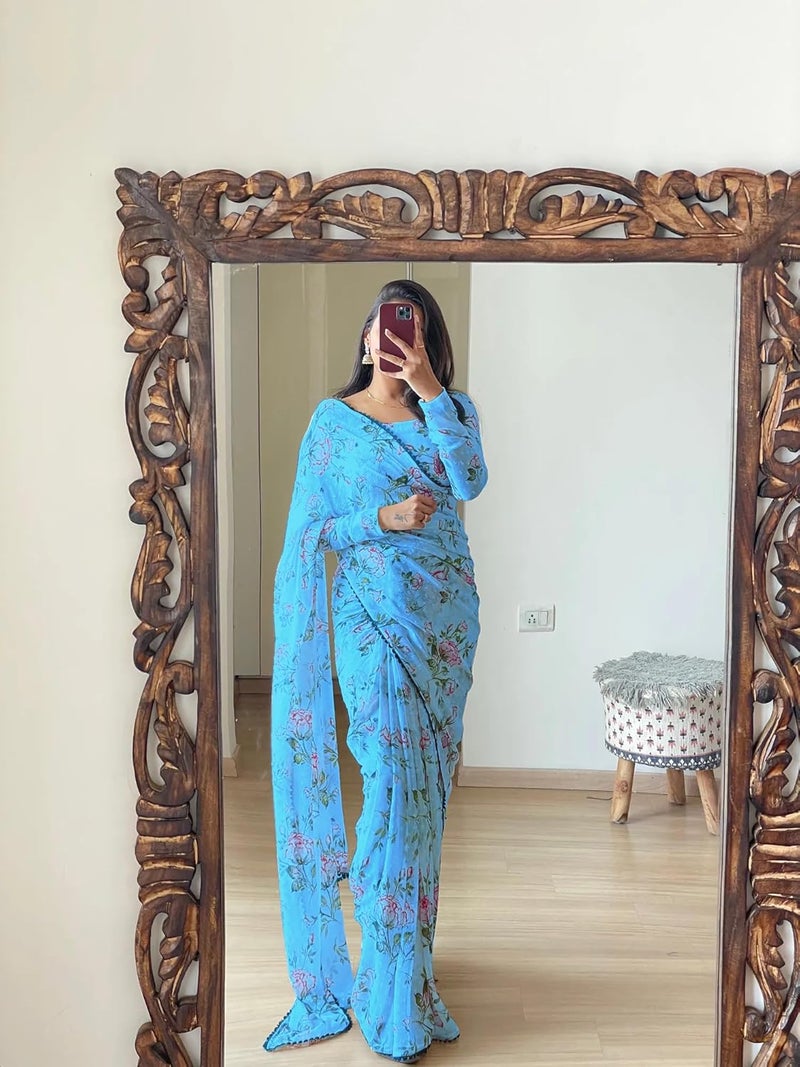 Sidhidata ساري سيدهيداتا النسائي من جورجيت مطبوع رقمي جاهز للارتداء في دقيقة واحدة مع قطعة بلوزة غير مخيطة - Image 4