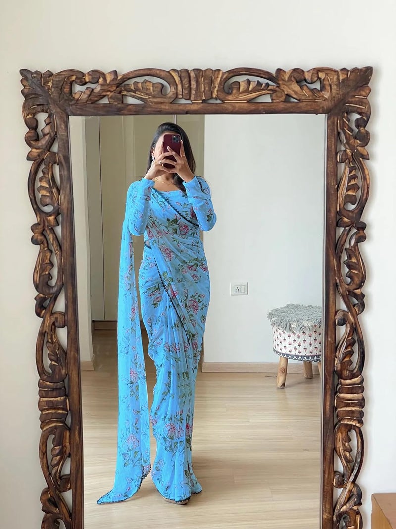 Sidhidata ساري سيدهيداتا النسائي من جورجيت مطبوع رقمي جاهز للارتداء في دقيقة واحدة مع قطعة بلوزة غير مخيطة - Image 2