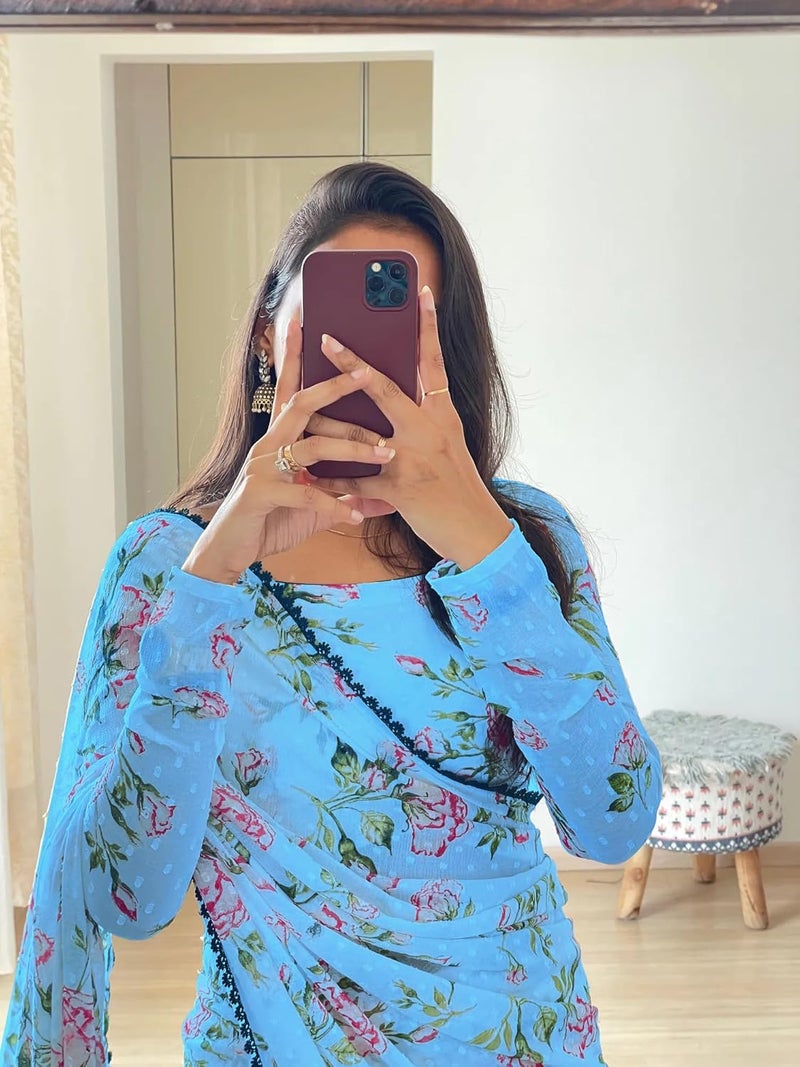 Sidhidata ساري سيدهيداتا النسائي من جورجيت مطبوع رقمي جاهز للارتداء في دقيقة واحدة مع قطعة بلوزة غير مخيطة - Image 3