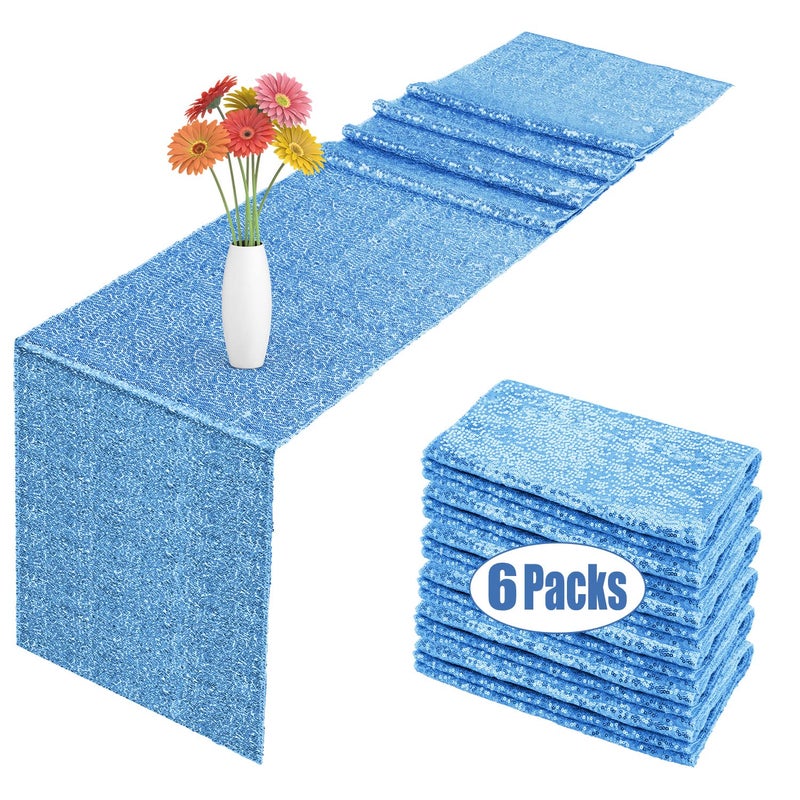 6 Pack Sequin Table Runner Baby Blue 12 x 108 inch Glitter Baby Blue Table Runner for Rectangle Table for Birthday Wedding Banquet Holiday Party Decorations  Baby Shower