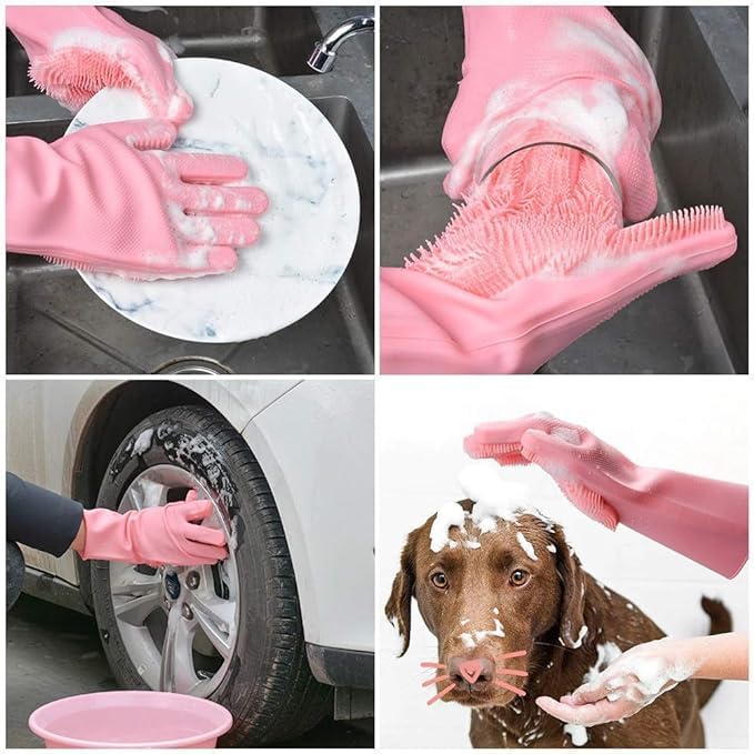 WINTER PLUS WINTER PLUS Silicon Heat Resistance MultiUse Scrubber Special For Kitchen Dishwashing Gloves For Dishwashing Pet Grooming Car Cleaning Bathroom Multicolour 1 Pair  - Image 4