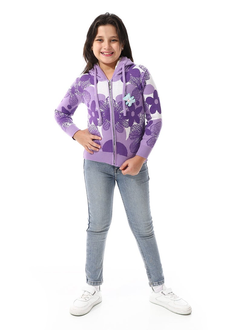 Girls Self Patterned Sweatshirt With A Pin-on Toy _Purple