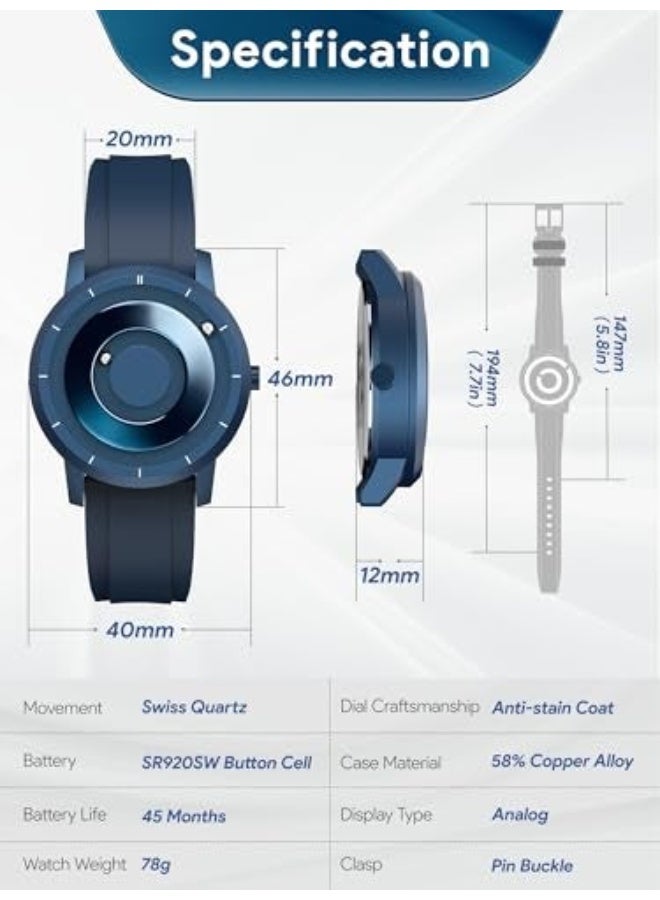 يوتور {"en":"EUTOUR Magnetic Watches for Men 5ATM 40MM Specular Dial Quartz Magnet Watches with Ball Bearings and Silicone Watch Bands Idea for Men Unique Men's Wrist Analog Watch Blue - Image 4