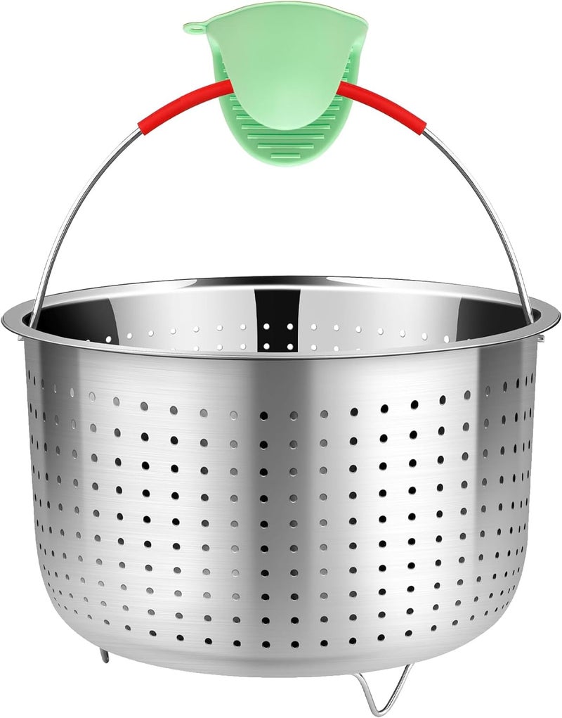 Red Ant Mesh Strainer and Vegetable Steamer Basket for Pot, Instant Pot Accessories 8Qt, Stainless Steel Veggie Steamer for Cooking Broccoli, Eggs, Pasta, Quinoa - With 2 Silicone Gloves, 8 Quart - Image 1