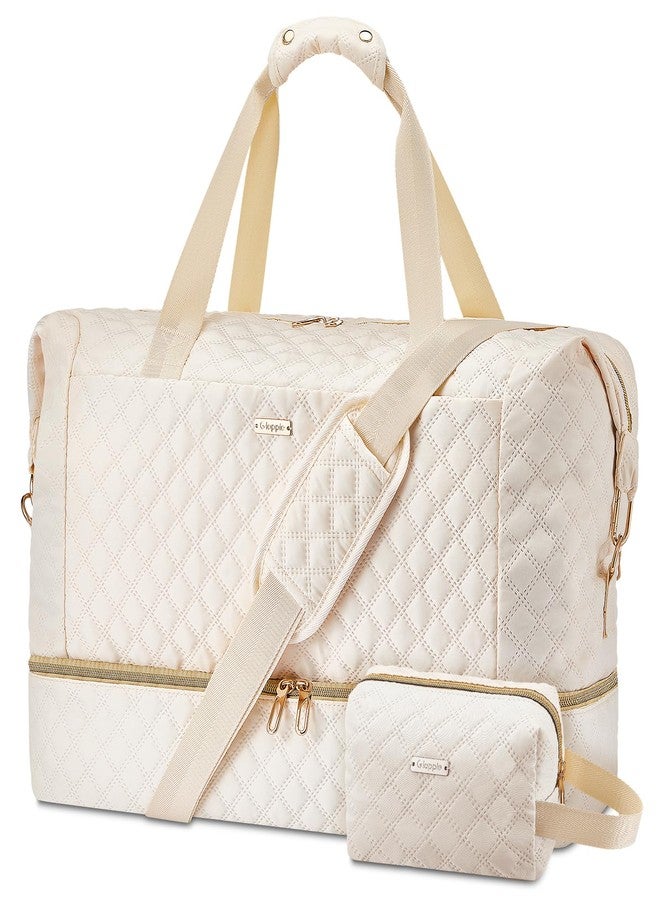 Gloppie Weekender Bags for Women with Shoe Compartment, 39L Large Travel Duffel Bag, Carry On Overnight Gym Bags with Wet Pocket, Hospital Bag for Women Labor Delivery, 2 Pcs Set, Beige - Image 1