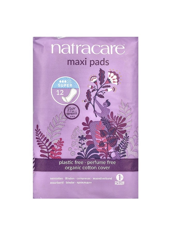 NATRACARE Natracare, Maxi Pads, Organic Cotton Cover, Super, 12 Pads  - Image 1