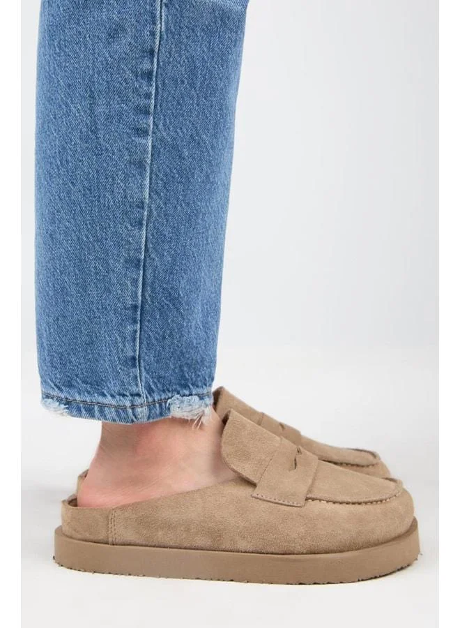 (Ziva) Women's Genuine Leather Loafer Platform Beige Slipper.
