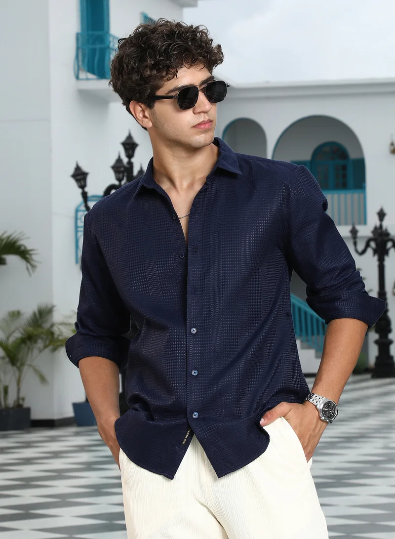 Campus Sutra Campus Sutra Men's Midnight Blue Geometric-Panel Jacquard Shirt | Spread Collar , Long Cuffed Sleeves , Button Closure , Curved Hem | Geometric Jacquard | Cotton-Blend Shirt For Casual Wear