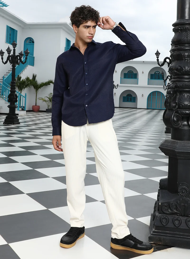 Campus Sutra Campus Sutra Men's Midnight Blue Geometric-Panel Jacquard Shirt | Spread Collar , Long Cuffed Sleeves , Button Closure , Curved Hem | Geometric Jacquard | Cotton-Blend Shirt For Casual Wear